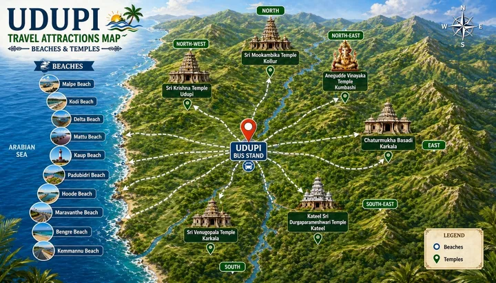 Full Udupi Itinerary and Map From Bus Stand