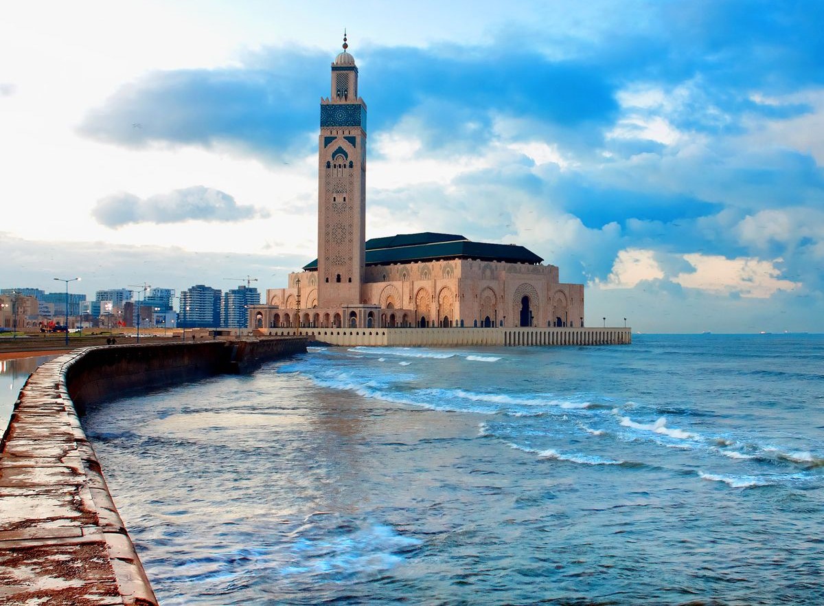 Beautiful view of Hassan II Mosque and Atlantic Ocean