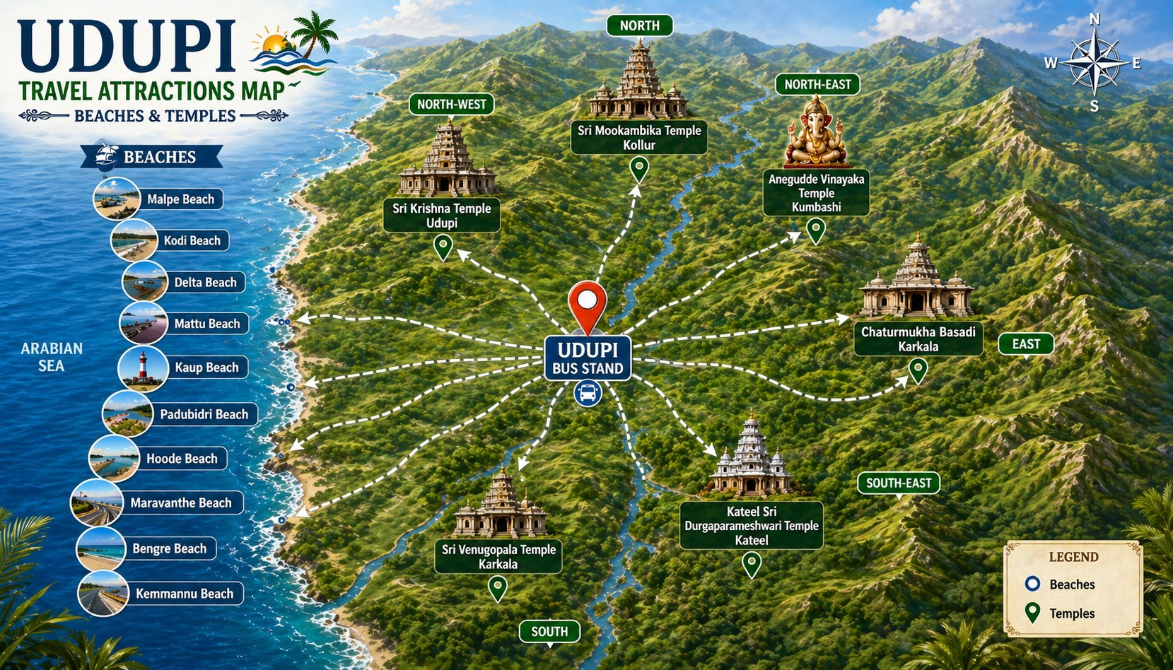 Full Udupi Itinerary and Map From Bus Stand