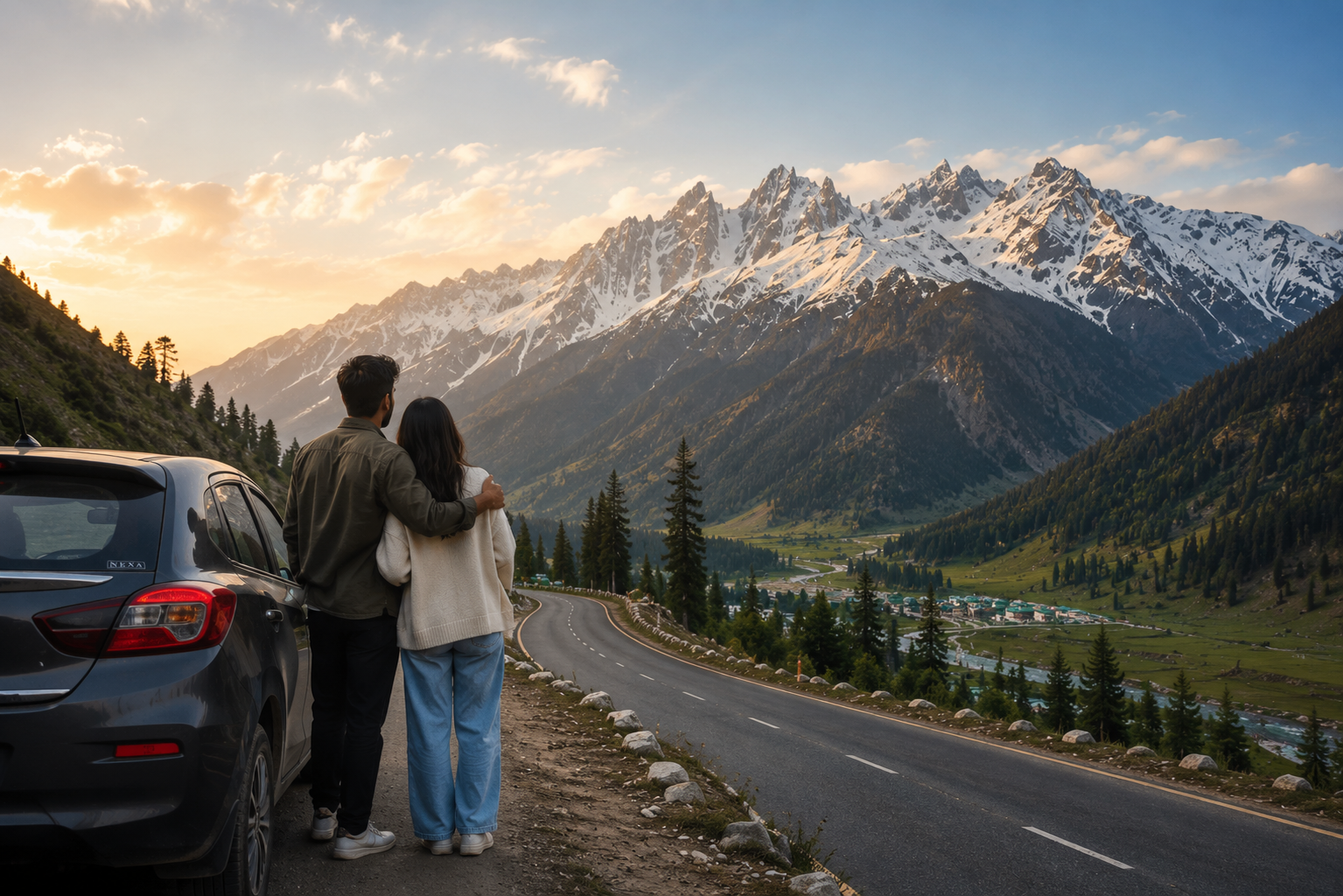 Couple Enjoying Sonmarg Road Trip 