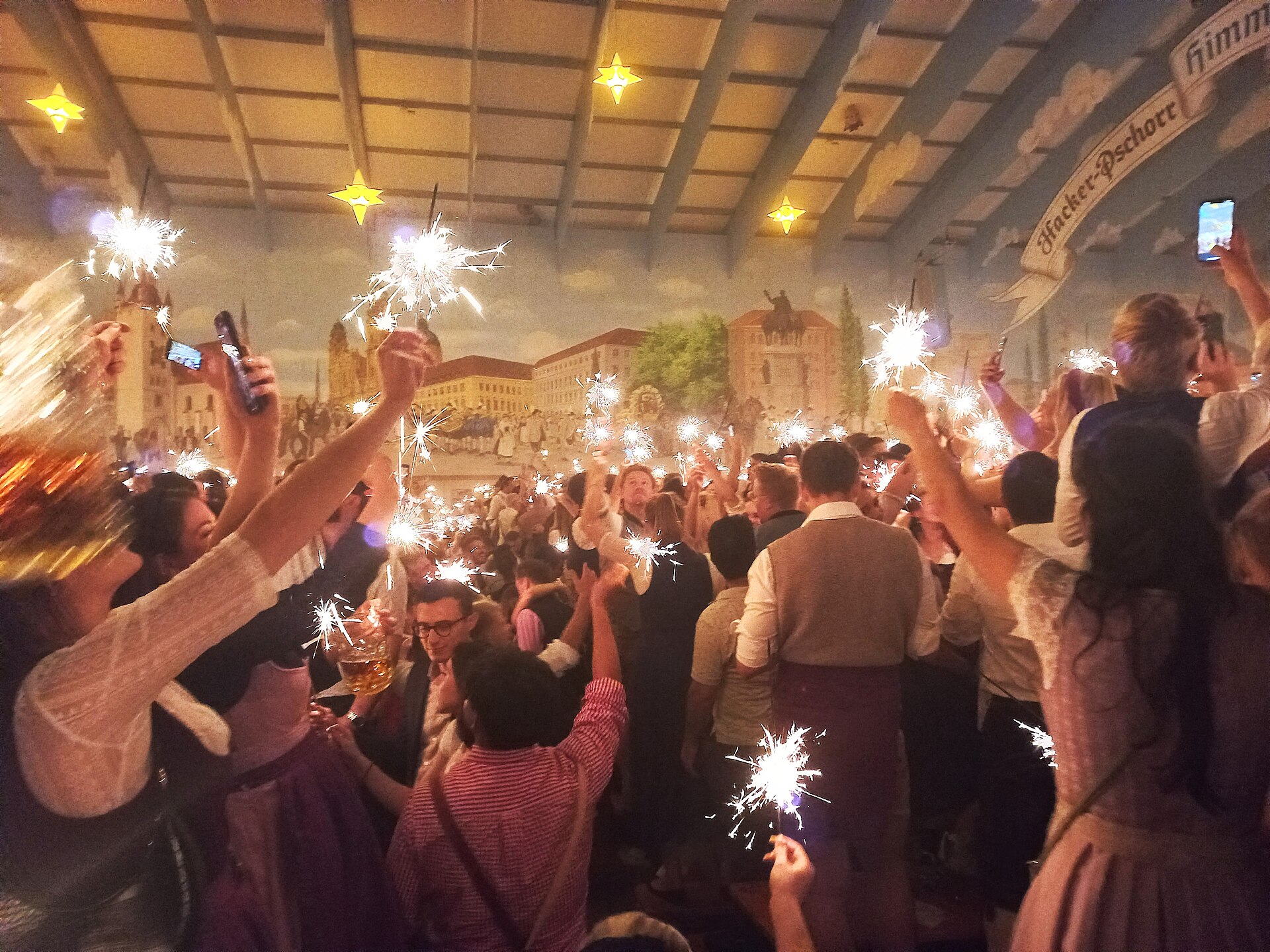 Inside the Hacker Pschorr tent at Oktoberfest Munich with sparklers