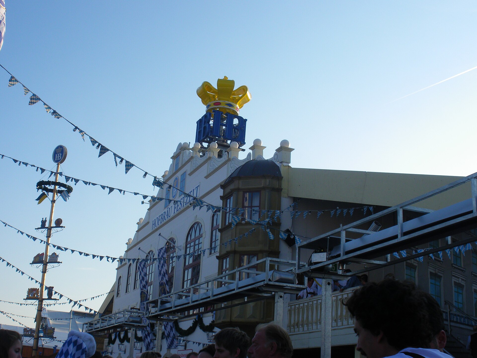 Hofbrau Festzelt tent facade with golden crown at Oktoberfest Munich