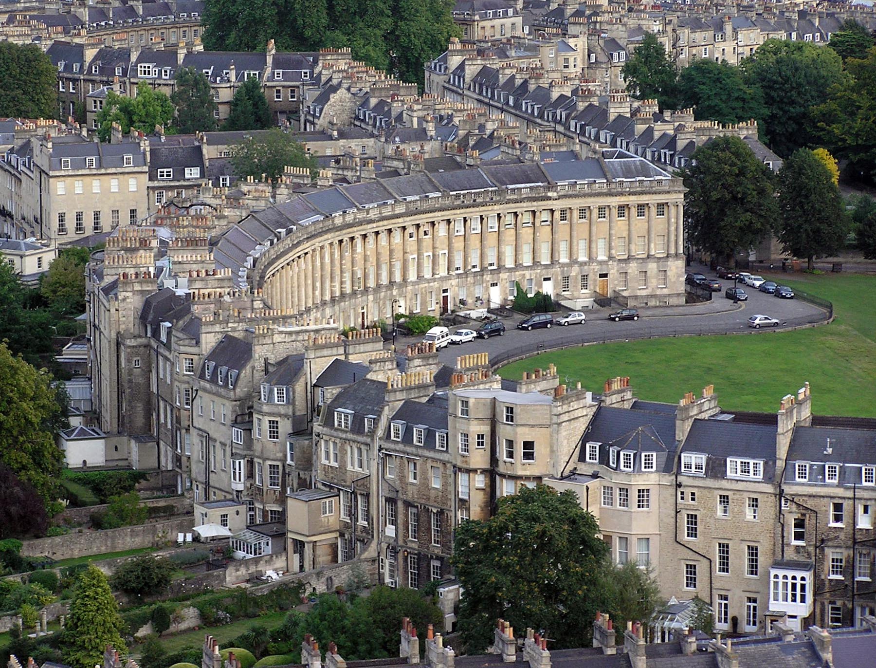 Aerial view of the Royal Crescent in Bath, England