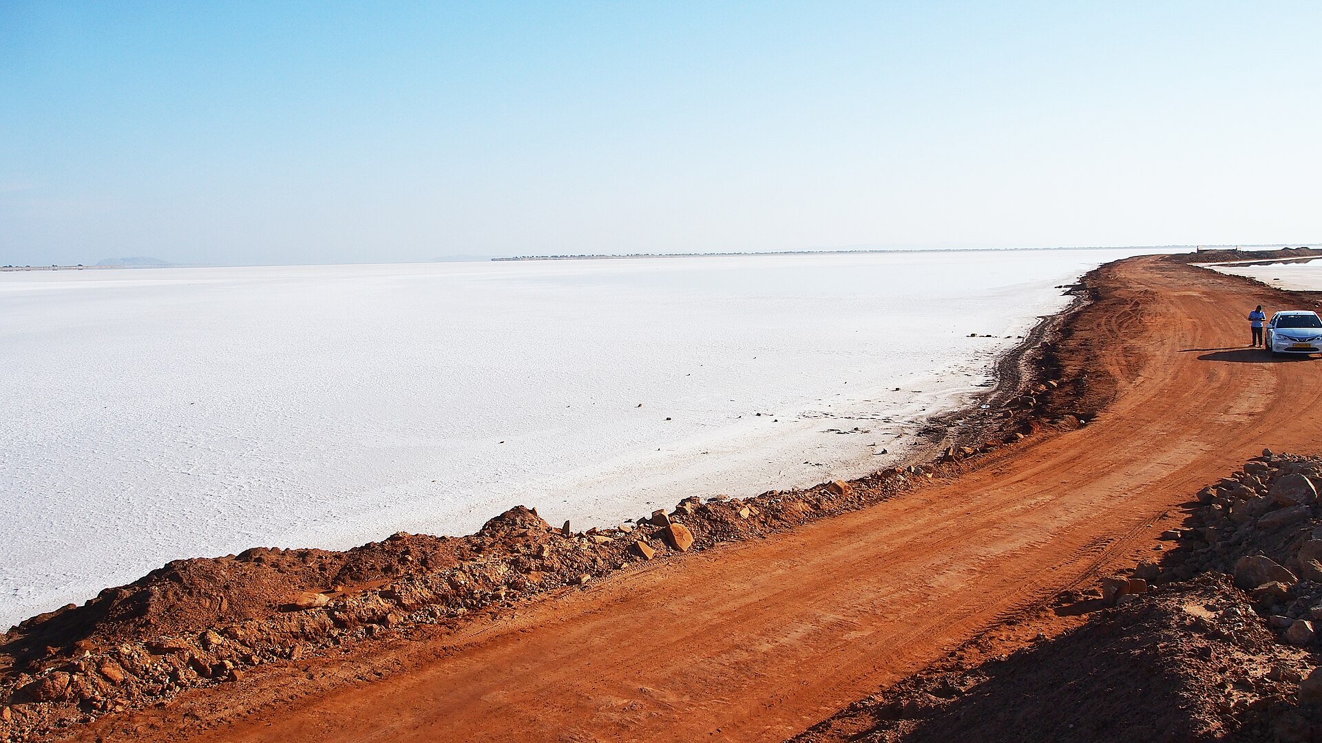 White salt desert stretching to the horizon at Rann of Kutch
