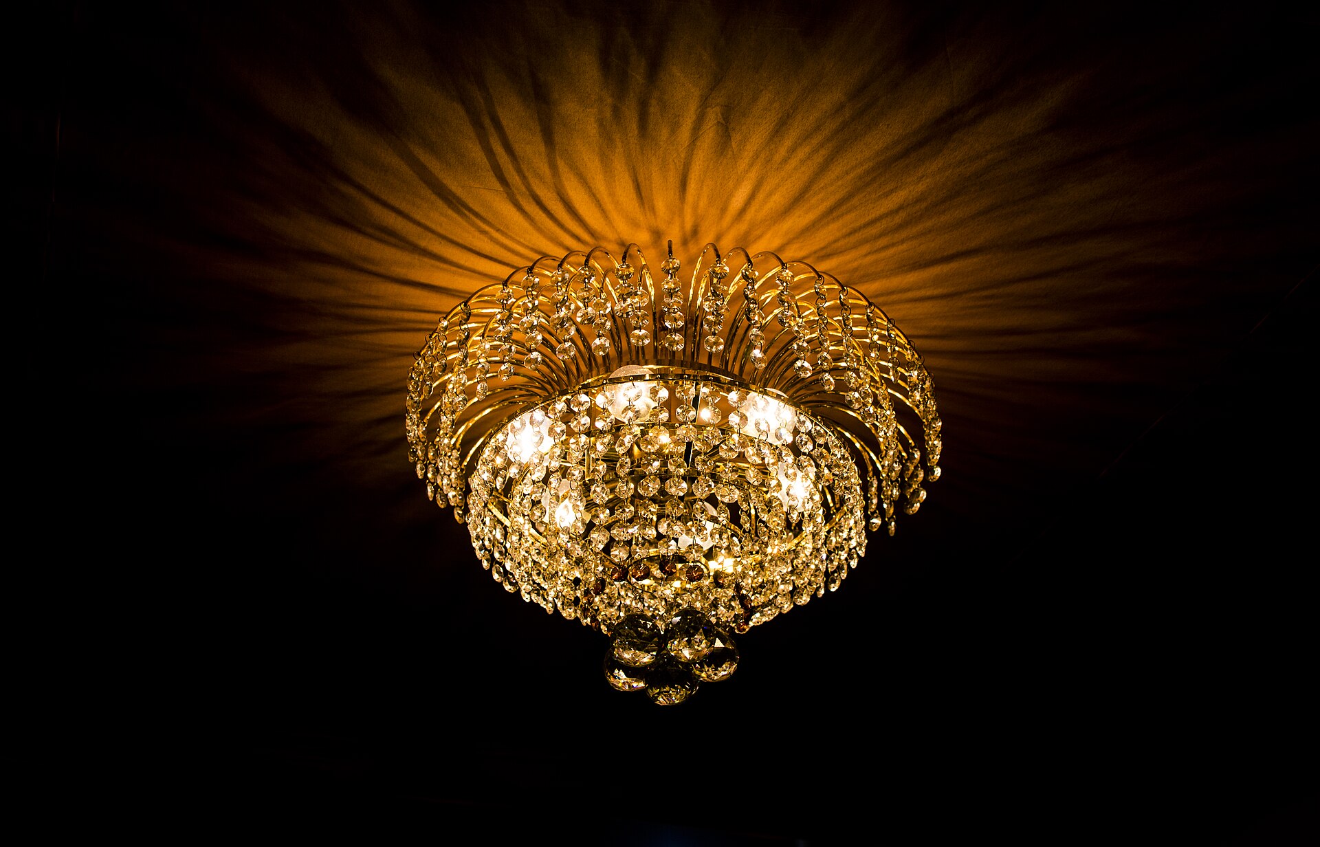 Chandelier and decorated interior of a Durga Puja mandap in north Kolkata