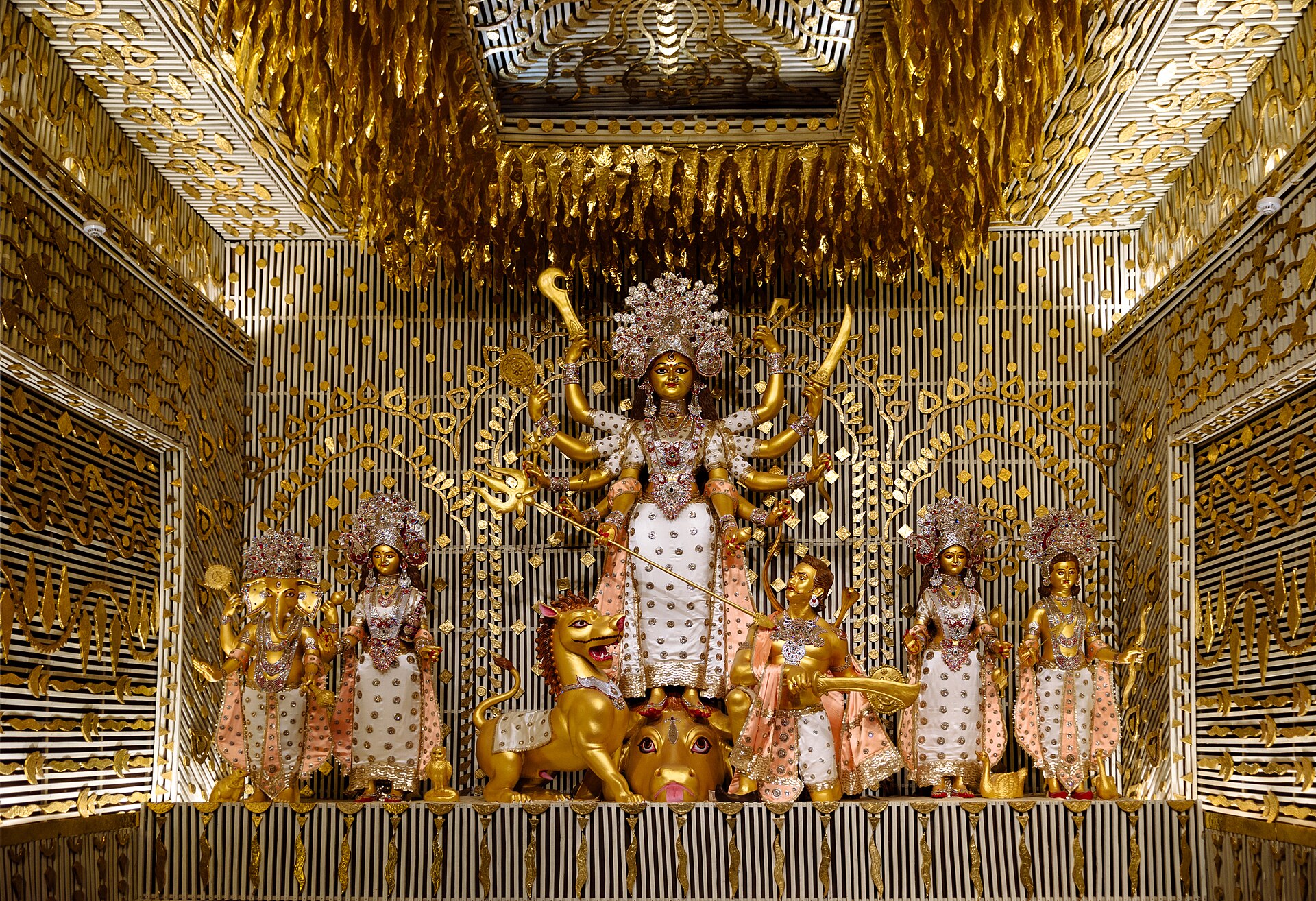 Elaborately lit Durga Puja pandal in Kolkata at night