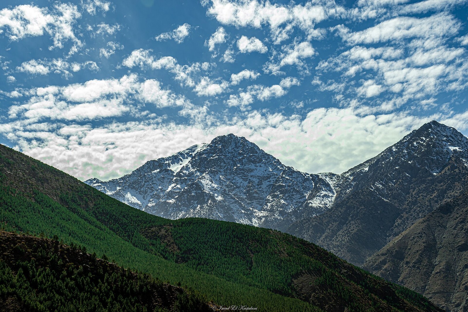 Snow dusted High Atlas peaks seen from Imlil village near Marrakesh