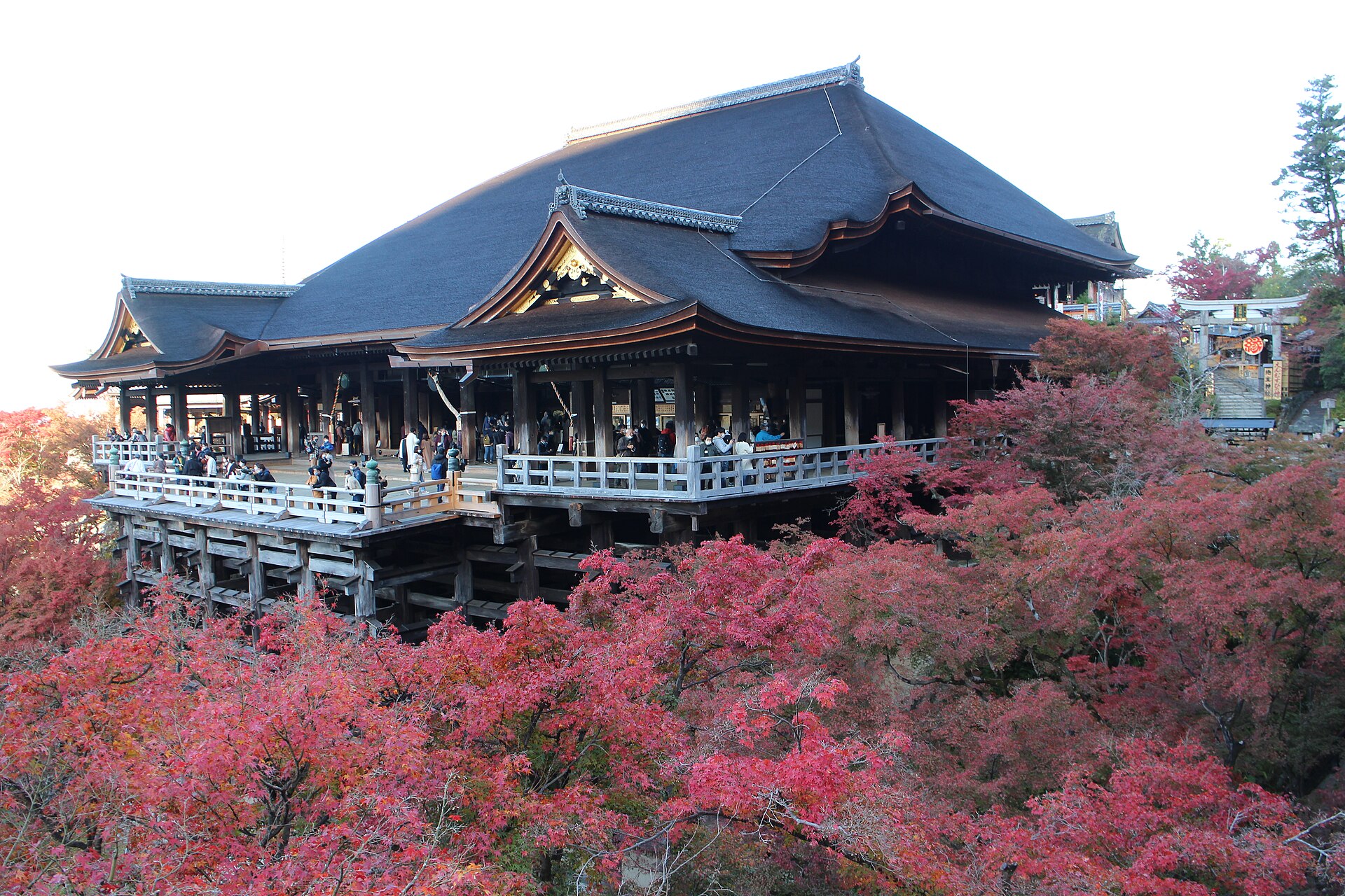 Kiyomizu-dera main hall in Kyoto surrounded by autumn leaves