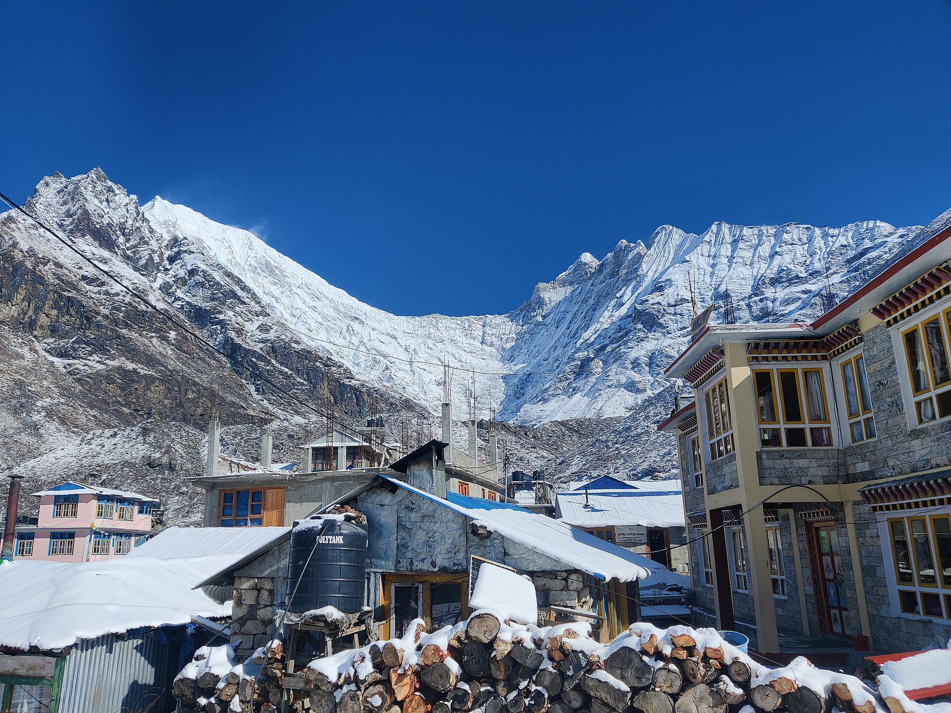 Lodges below snow peaks at Kyanjin Gompa on the Langtang Valley trek