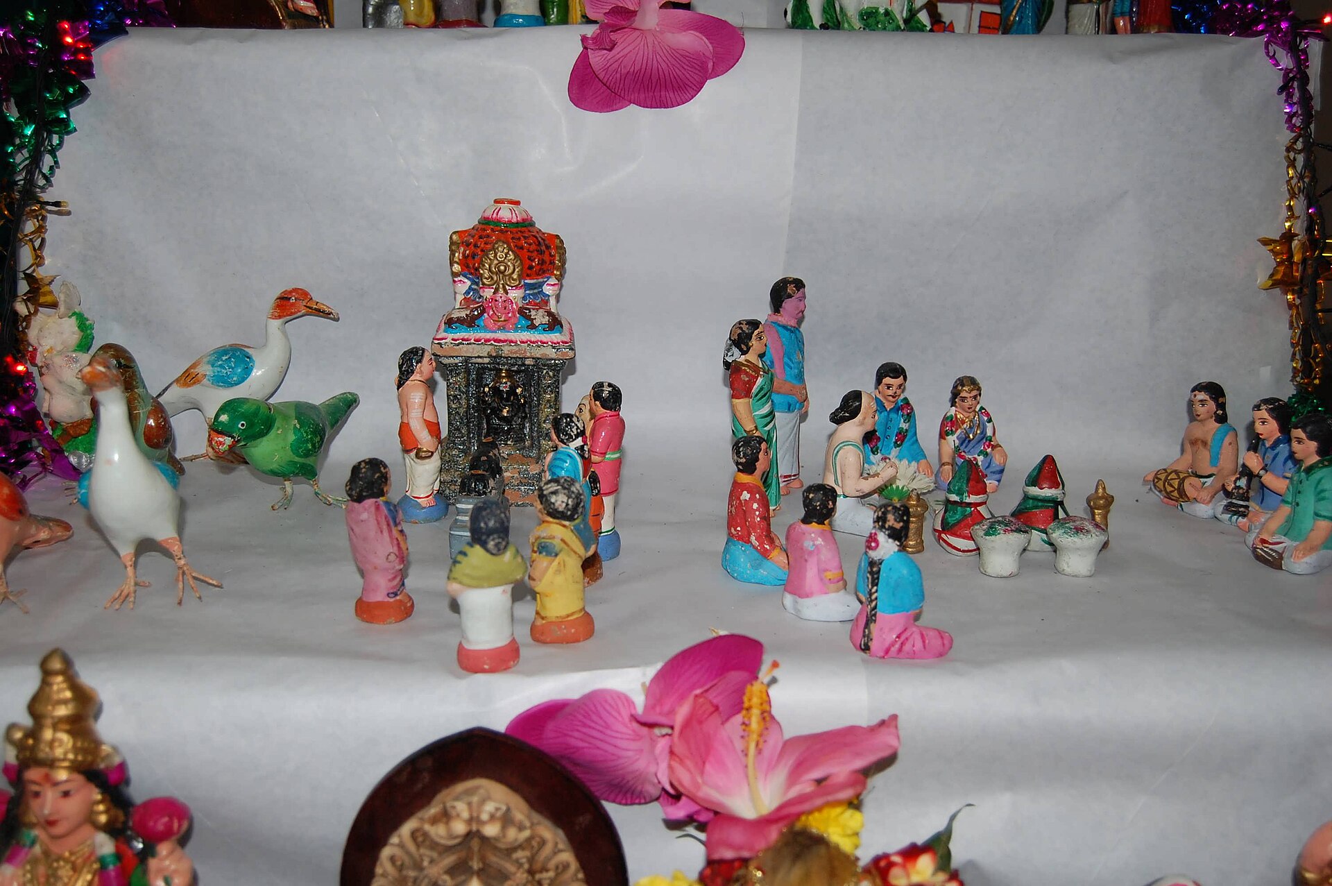 Tiered golu doll display in a south Indian home during Navratri