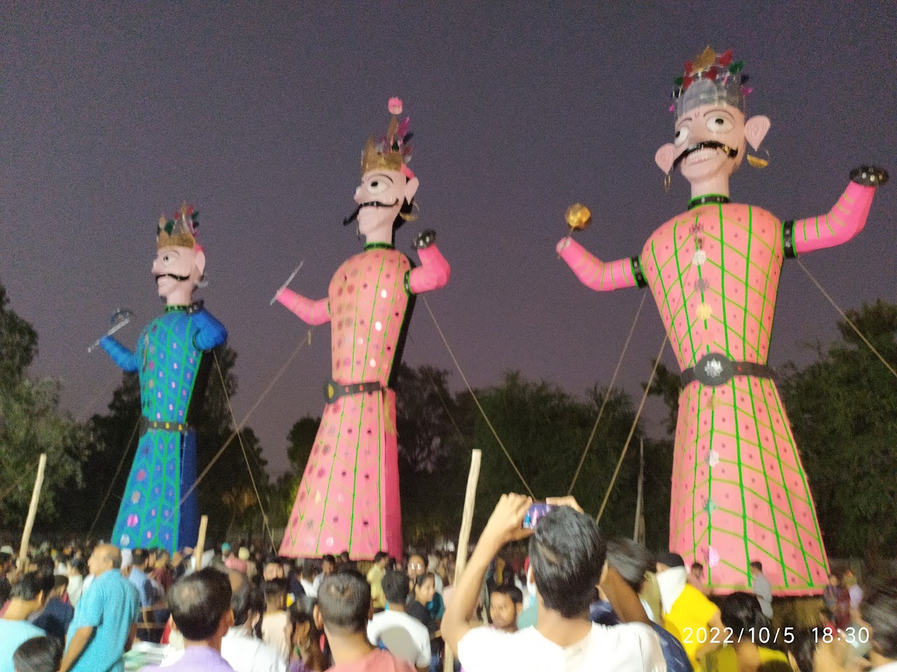Giant Ravana effigy burning on Dussehra night with fireworks