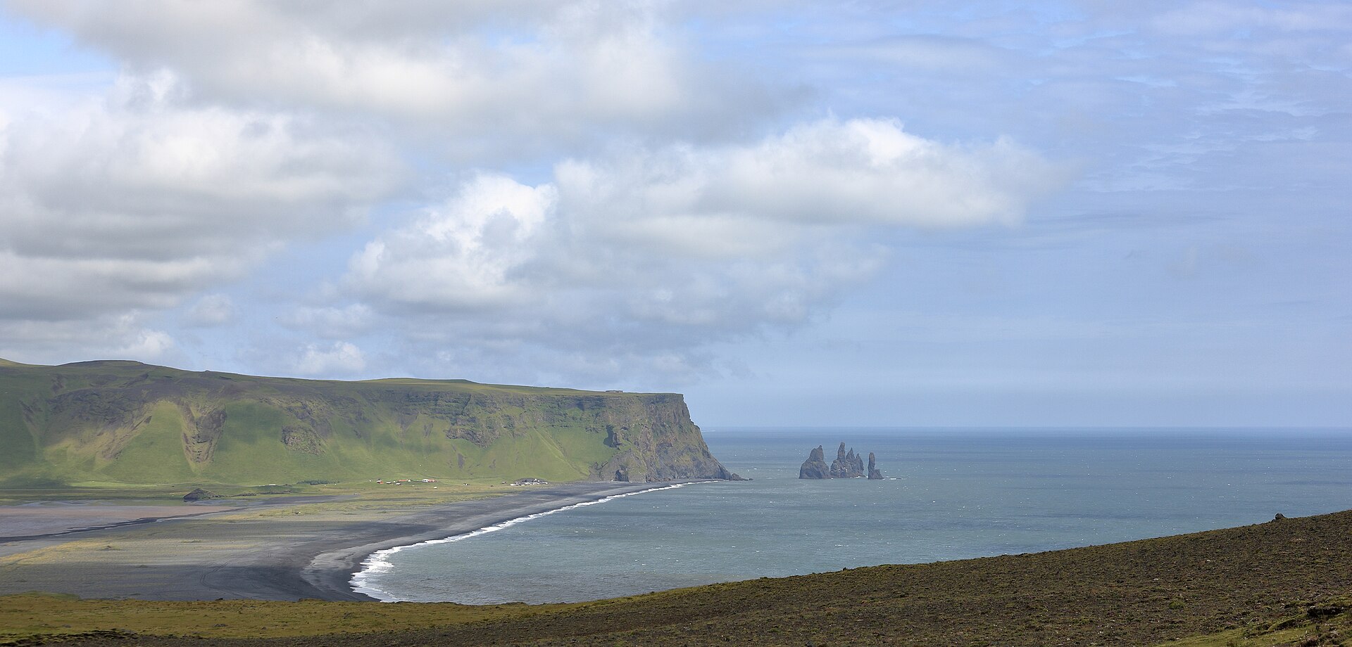 Reynisfjara black sand beach with the Reynisdrangar sea stacks near Vik