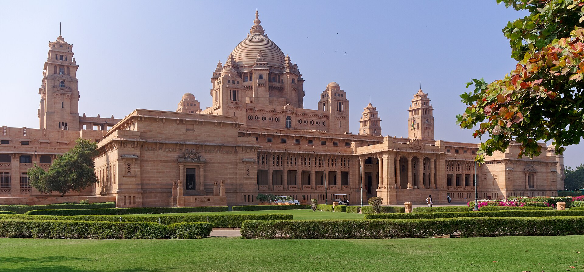 Umaid Bhawan Palace in Jodhpur with its sandstone dome and lawns