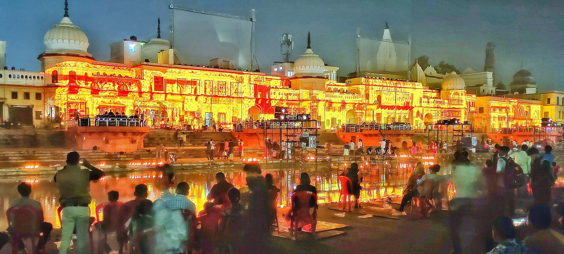 Crowd watching the Deepotsav projection show at Ram ki Paidi in Ayodhya during Diwali