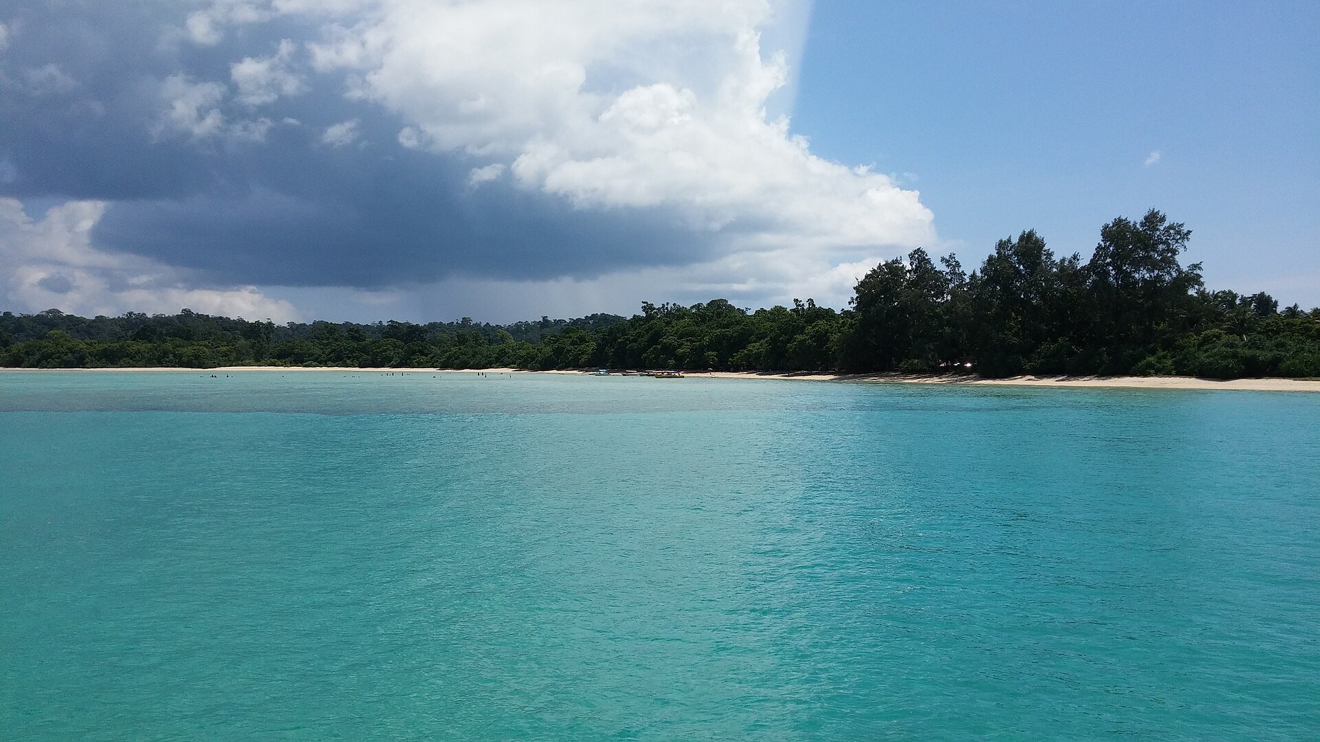 Bharatpur Beach on Neil Island seen from the jetty, with boats and shallow water