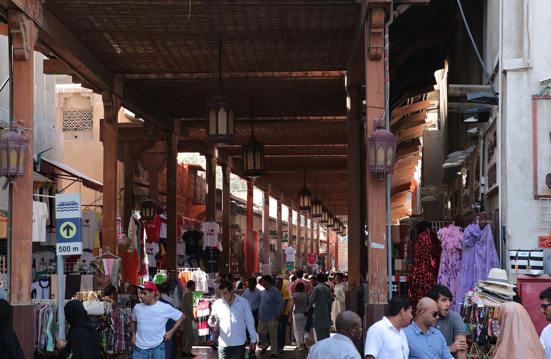 Shoppers in the Bur Dubai textile souk alley near Meena Bazaar, Dubai