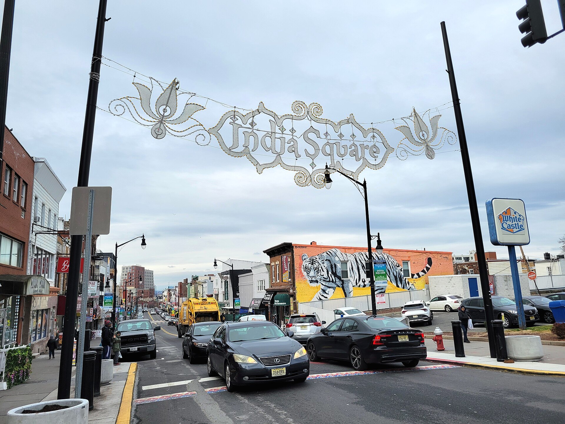 India Square sign over Newark Avenue in Jersey City, New Jersey