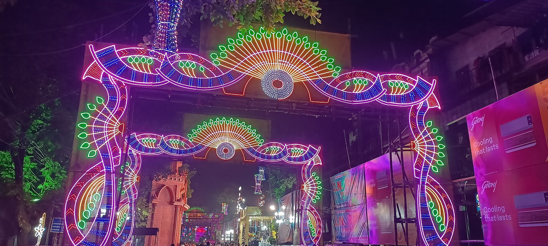 Illuminated street gate for Kali Puja in Kolkata