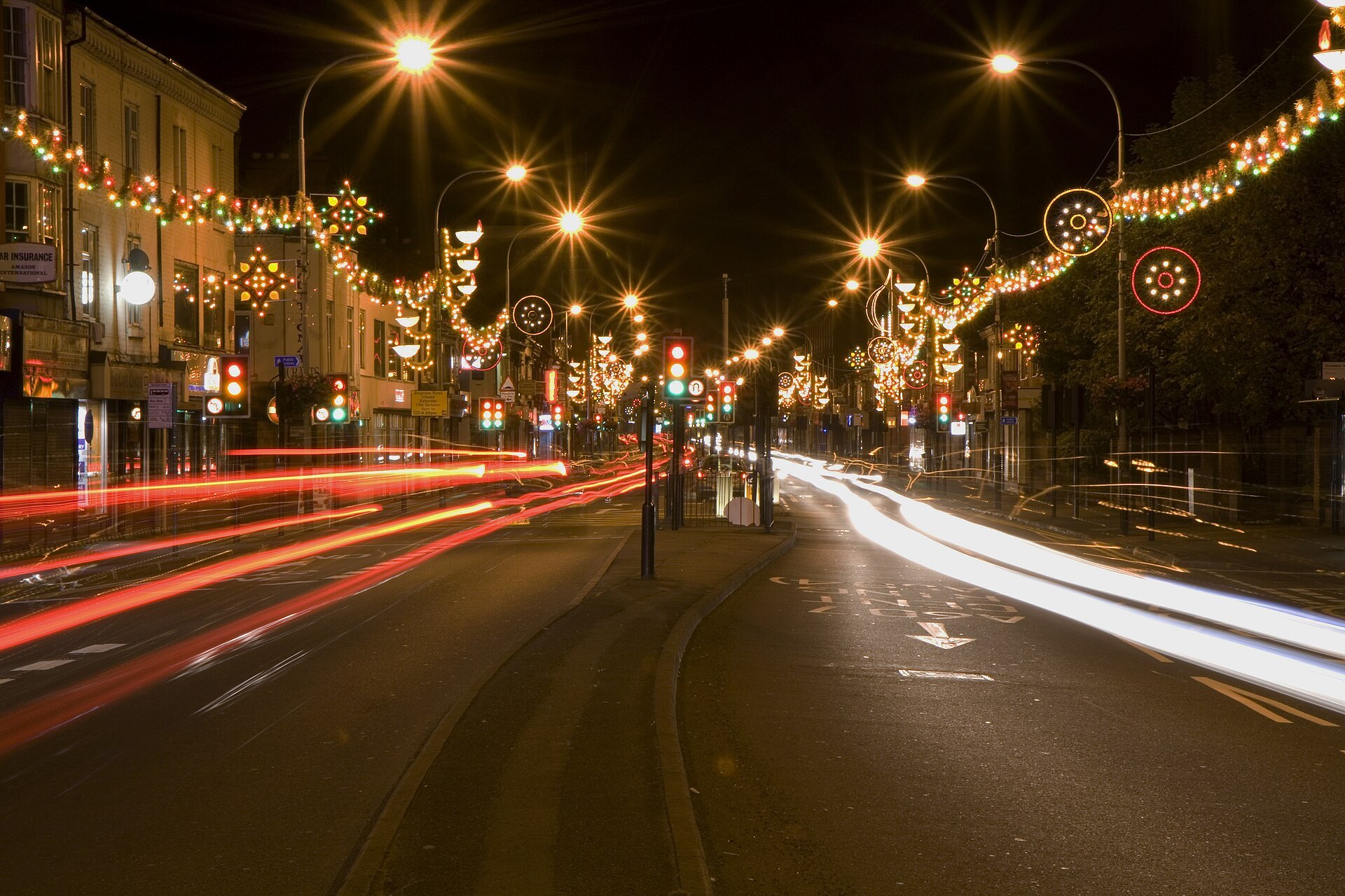 Diwali lights strung across Belgrave Road, the Golden Mile in Leicester, at night